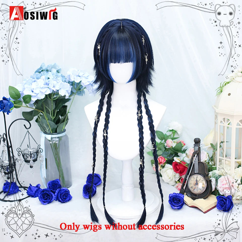 AOSIWIG Y2k Synthetic Long Straight Lolita Harajuku Wig With Bangs Black Blue Daily Cosplay Party Hair