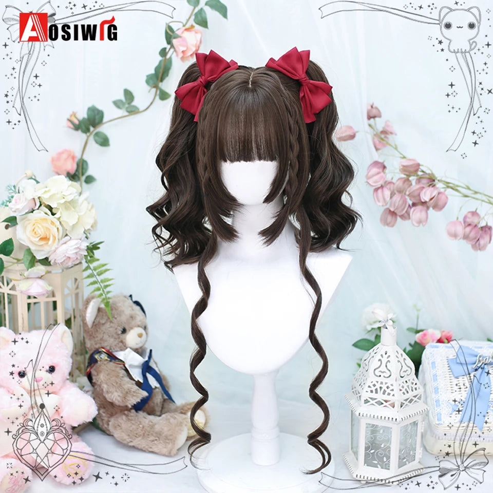 AOSIWIG Y2k Synthetic Long Straight Lolita Harajuku Wig With Bangs Black Blue Daily Cosplay Party Hair