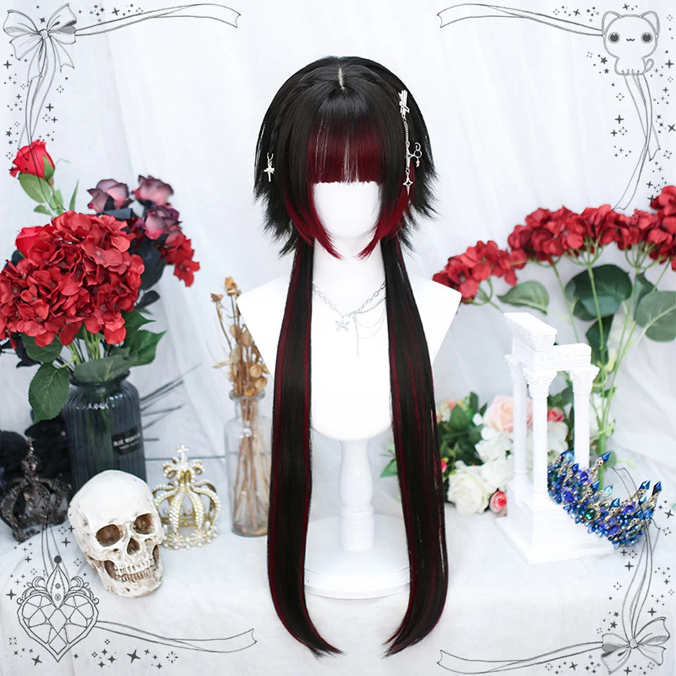 AOSIWIG Y2k Synthetic Long Straight Lolita Harajuku Wig With Bangs Black Blue Daily Cosplay Party Hair