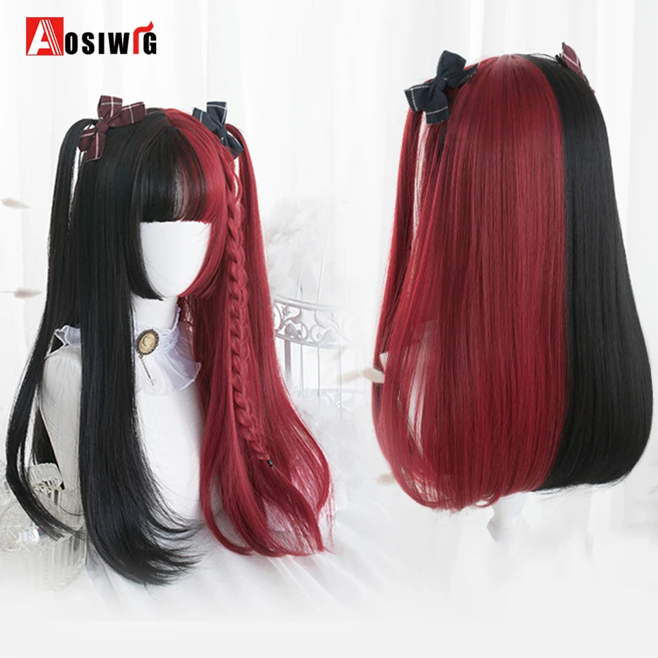 AOSIWIG Y2k Synthetic Long Straight Lolita Harajuku Wig With Bangs Black Blue Daily Cosplay Party Hair