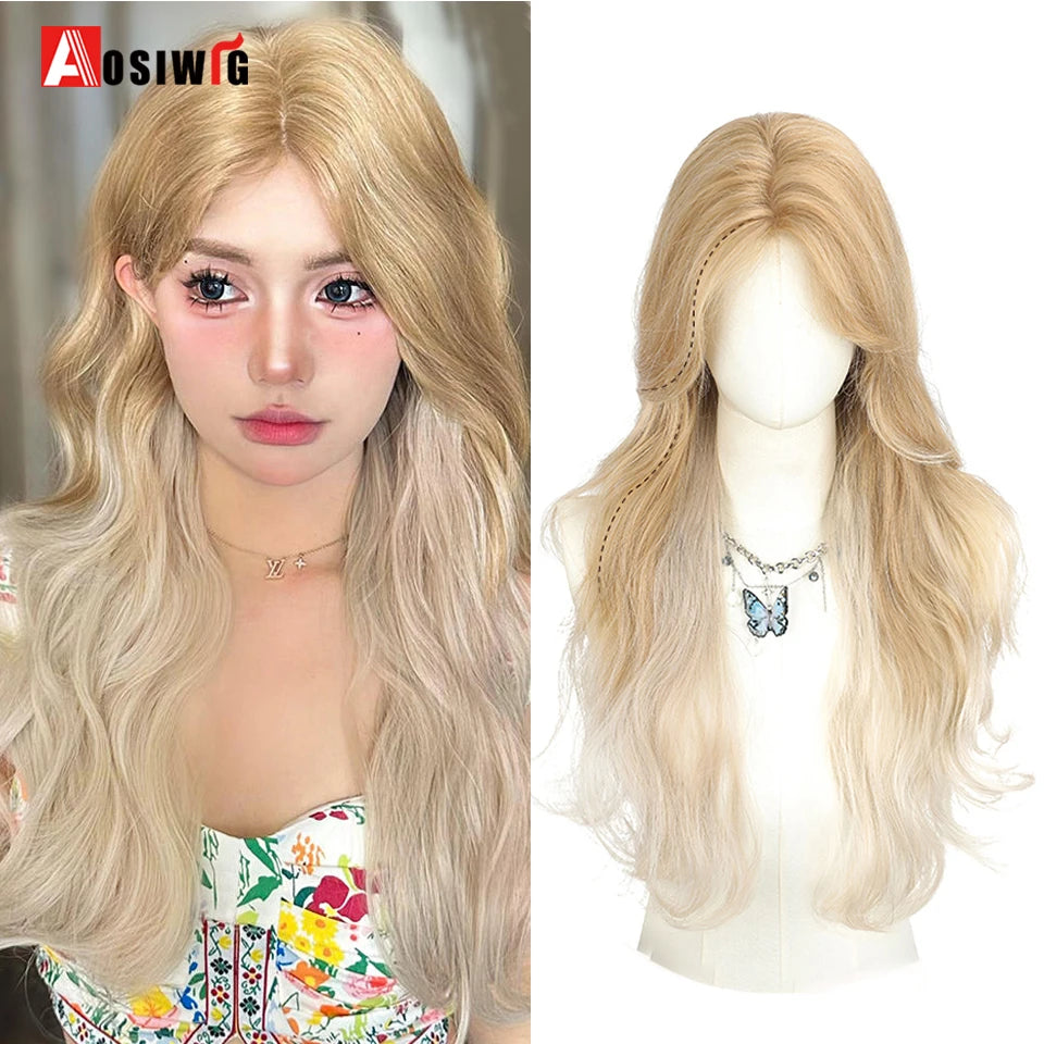 AOSIWIG Y2k Synthetic Long Straight Lolita Harajuku Wig With Bangs Black Blue Daily Cosplay Party Hair