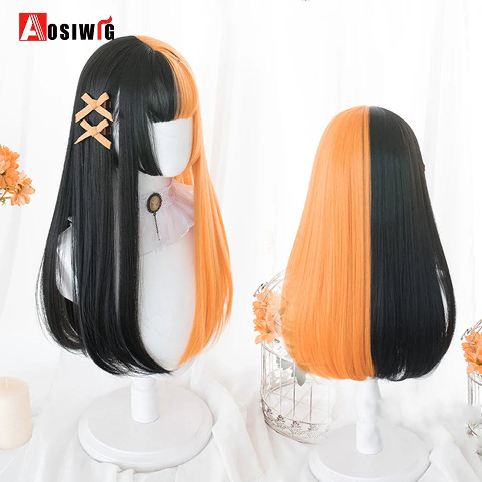 AOSIWIG Y2k Synthetic Long Straight Lolita Harajuku Wig With Bangs Black Blue Daily Cosplay Party Hair