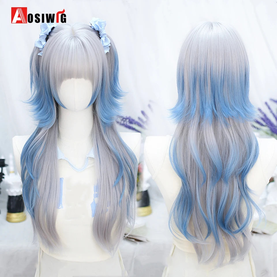 AOSIWIG Y2k Synthetic Long Straight Lolita Harajuku Wig With Bangs Black Blue Daily Cosplay Party Hair