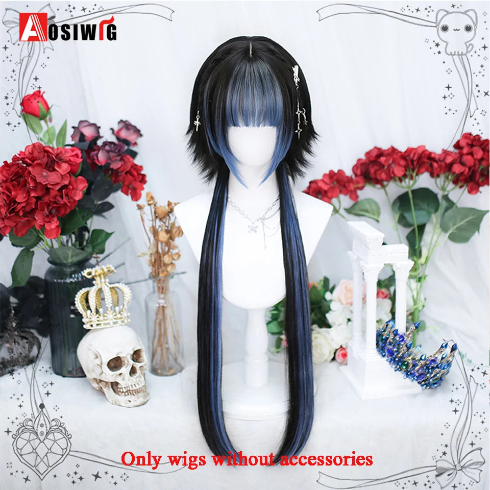 AOSIWIG Y2k Synthetic Long Straight Lolita Harajuku Wig With Bangs Black Blue Daily Cosplay Party Hair