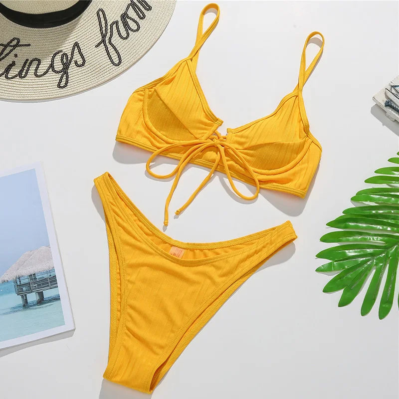 Sexy Ribbed Underwired V-Bar Bikini Women Swimsuit Female Swimwear Two Pieces Bikini Set Knotted Push Up Bathing Suit Swim Lady