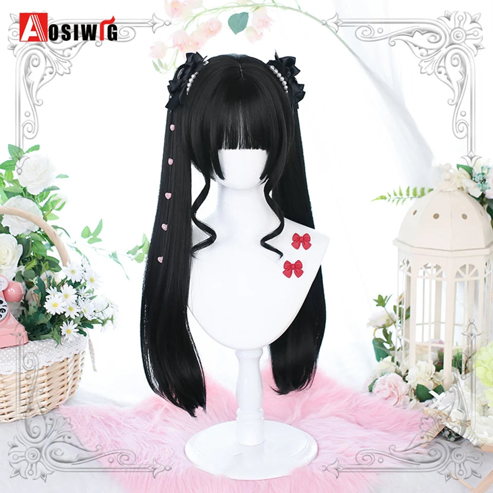 AOSIWIG Y2k Synthetic Long Straight Lolita Harajuku Wig With Bangs Black Blue Daily Cosplay Party Hair