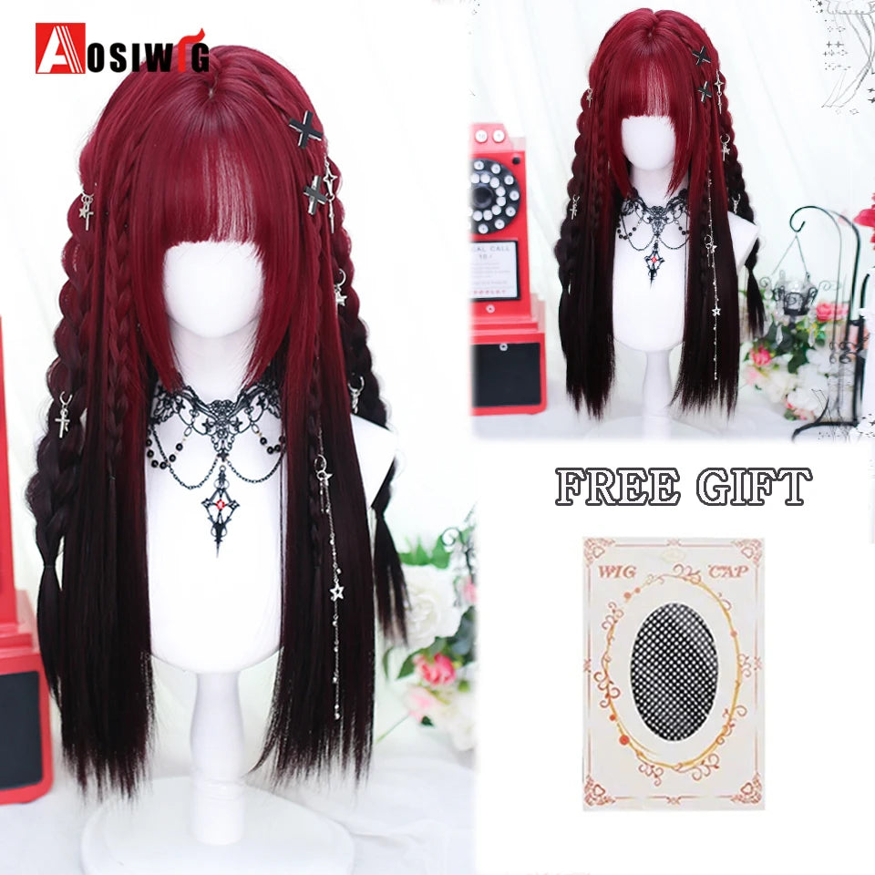 AOSIWIG Y2k Synthetic Long Straight Lolita Harajuku Wig With Bangs Black Blue Daily Cosplay Party Hair