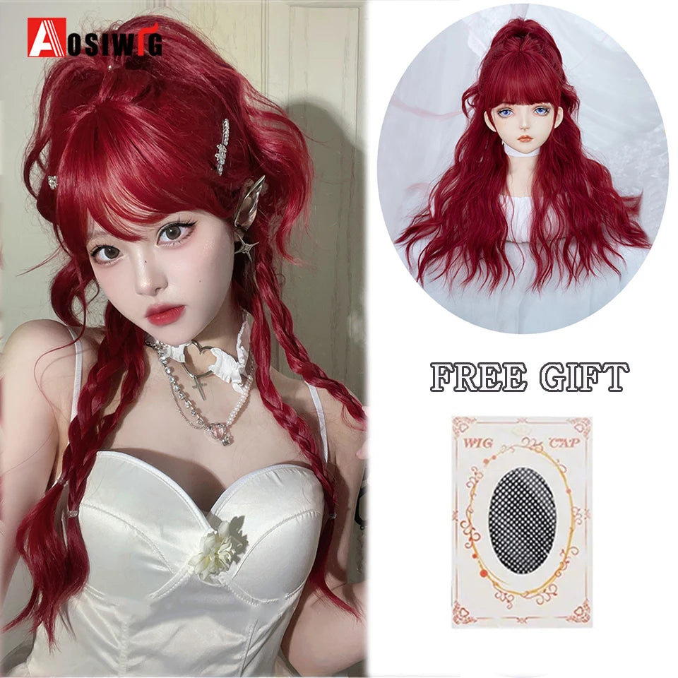 AOSIWIG Y2k Synthetic Long Straight Lolita Harajuku Wig With Bangs Black Blue Daily Cosplay Party Hair