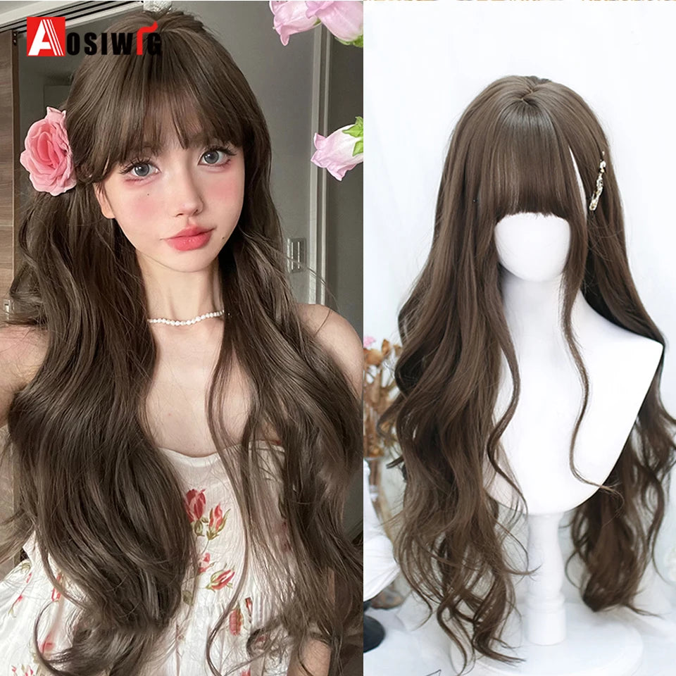 AOSIWIG Y2k Synthetic Long Straight Lolita Harajuku Wig With Bangs Black Blue Daily Cosplay Party Hair