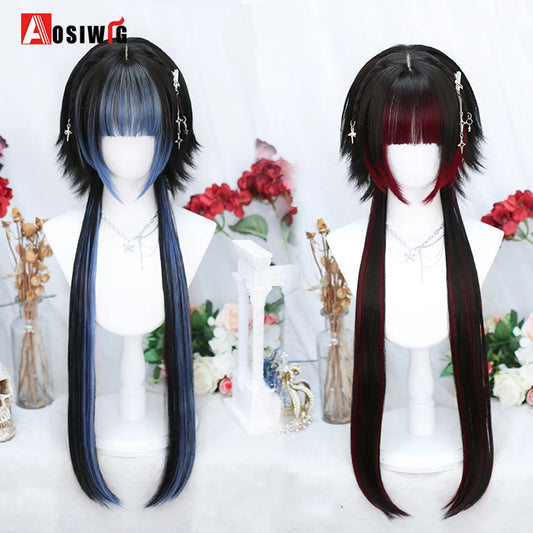 AOSIWIG Y2k Synthetic Long Straight Lolita Harajuku Wig With Bangs Black Blue Daily Cosplay Party Hair