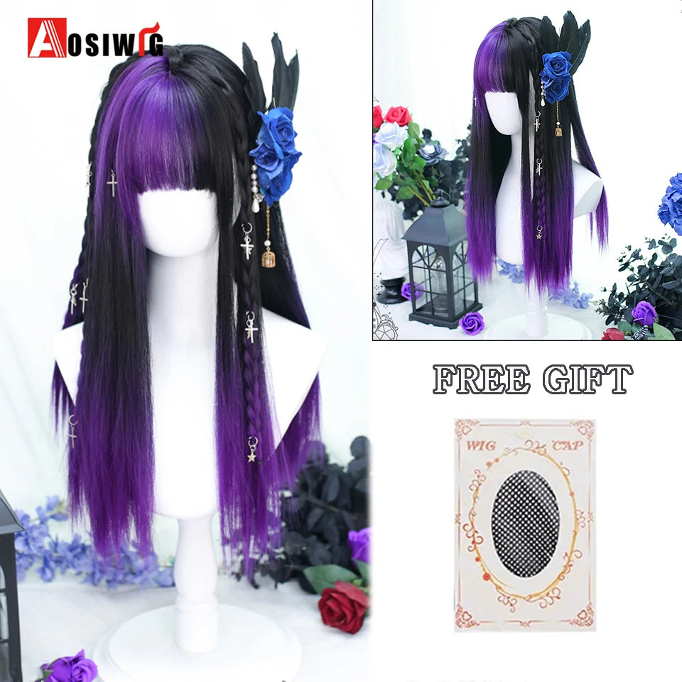 AOSIWIG Y2k Synthetic Long Straight Lolita Harajuku Wig With Bangs Black Blue Daily Cosplay Party Hair