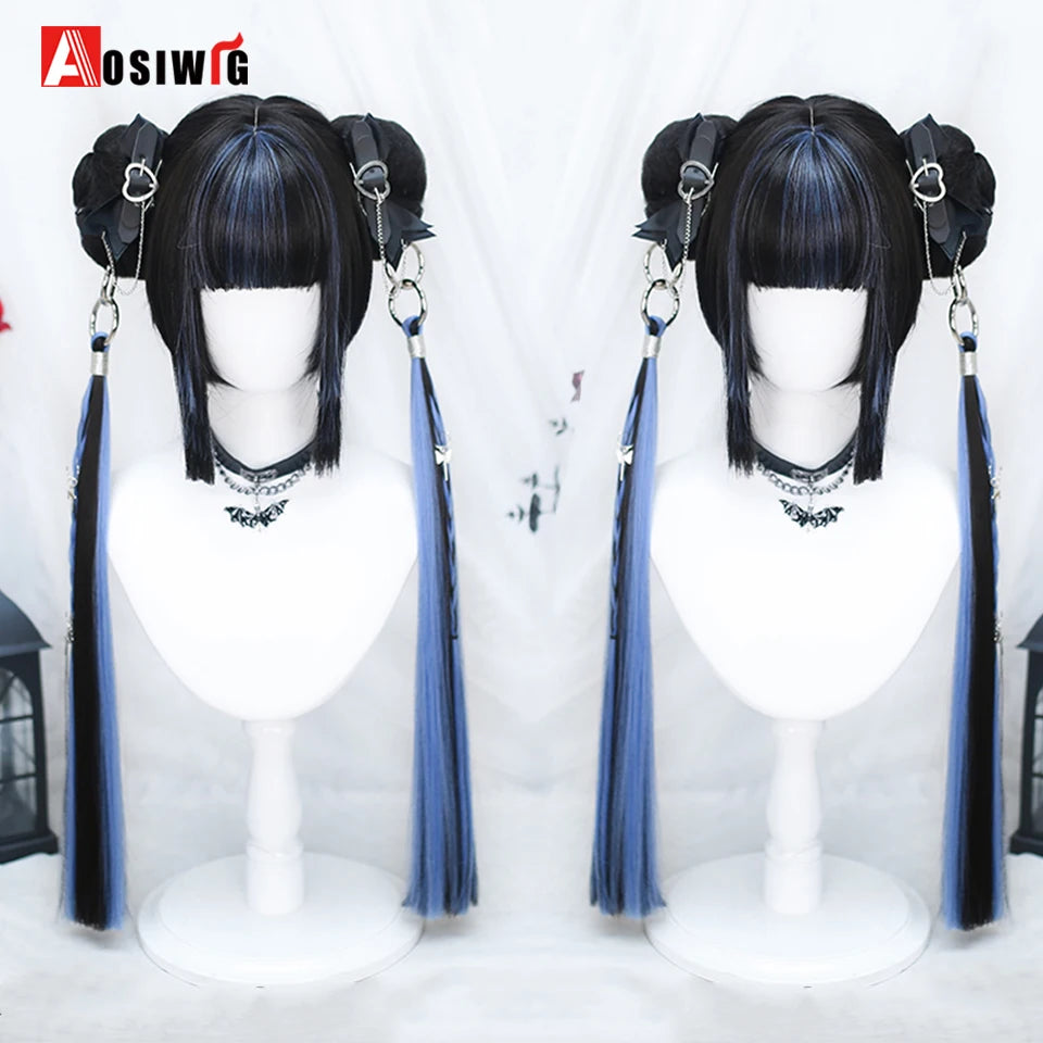 AOSIWIG Y2k Synthetic Long Straight Lolita Harajuku Wig With Bangs Black Blue Daily Cosplay Party Hair