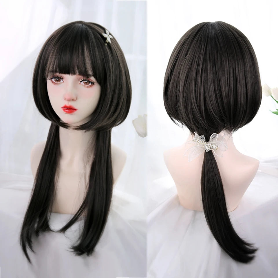 AOSIWIG Y2k Synthetic Long Straight Lolita Harajuku Wig With Bangs Black Blue Daily Cosplay Party Hair