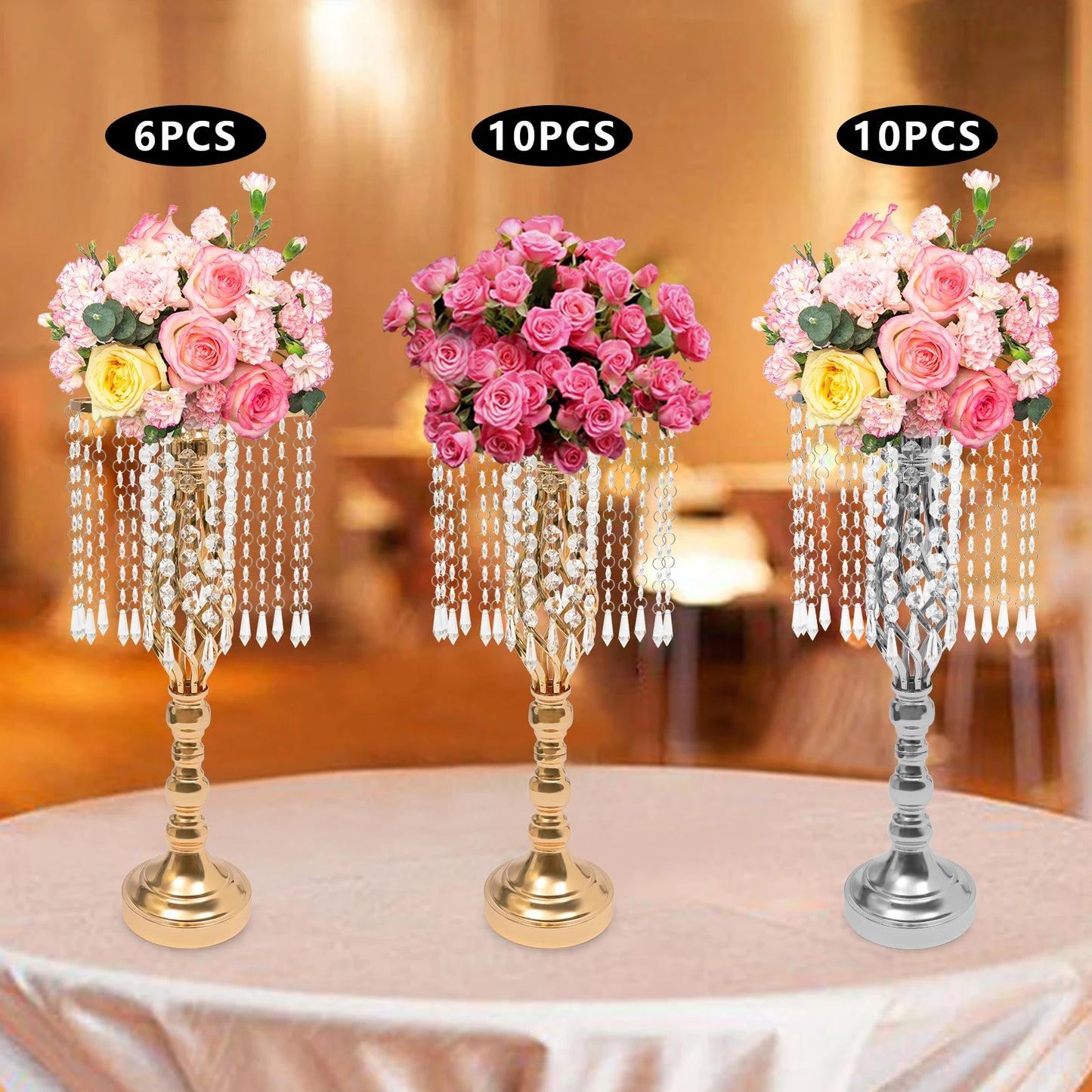 Crystal Flower Stand Wedding Flower Holders Centerpiece Crystal Metal Flower Vase for Reception Tables Wedding Supplies 6/10pcs