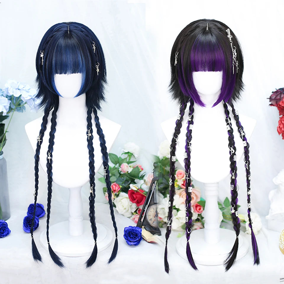 AOSIWIG Y2k Synthetic Long Straight Lolita Harajuku Wig With Bangs Black Blue Daily Cosplay Party Hair