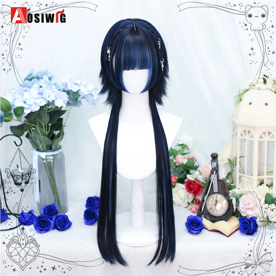 AOSIWIG Y2k Synthetic Long Straight Lolita Harajuku Wig With Bangs Black Blue Daily Cosplay Party Hair