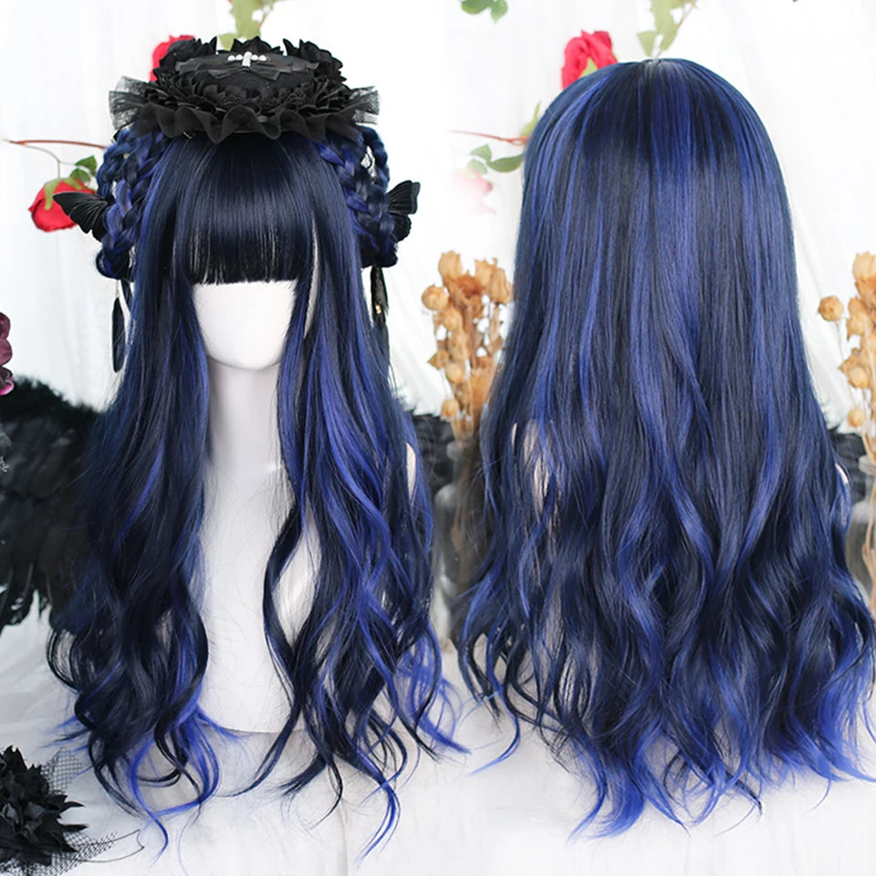 AOSIWIG Y2k Synthetic Long Straight Lolita Harajuku Wig With Bangs Black Blue Daily Cosplay Party Hair