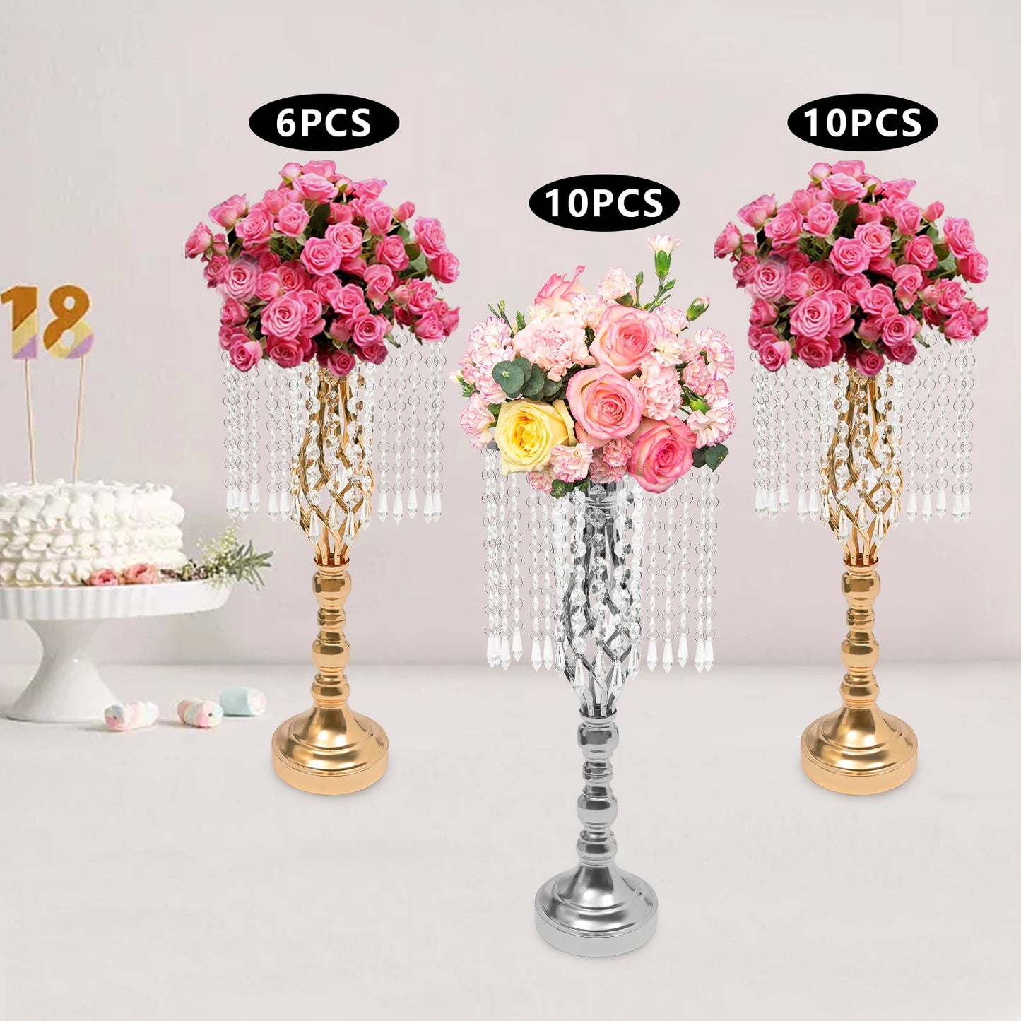 Crystal Flower Stand Wedding Flower Holders Centerpiece Crystal Metal Flower Vase for Reception Tables Wedding Supplies 6/10pcs