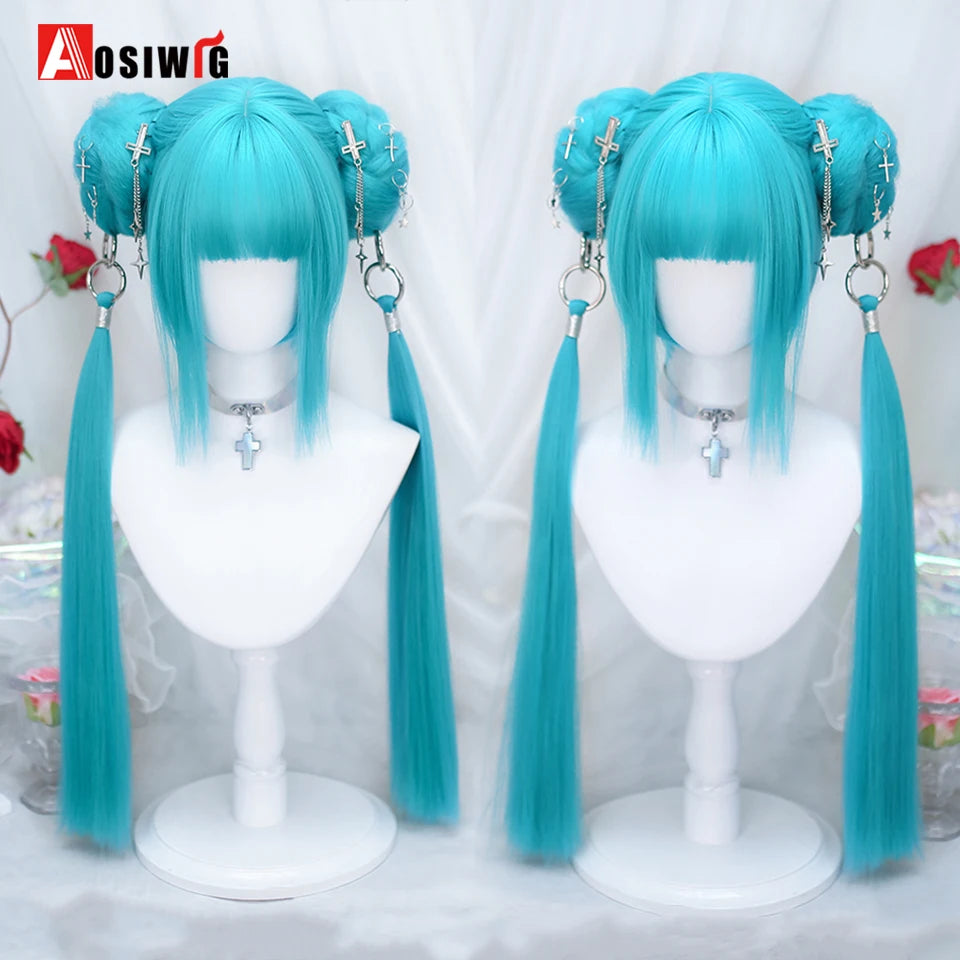 AOSIWIG Y2k Synthetic Long Straight Lolita Harajuku Wig With Bangs Black Blue Daily Cosplay Party Hair