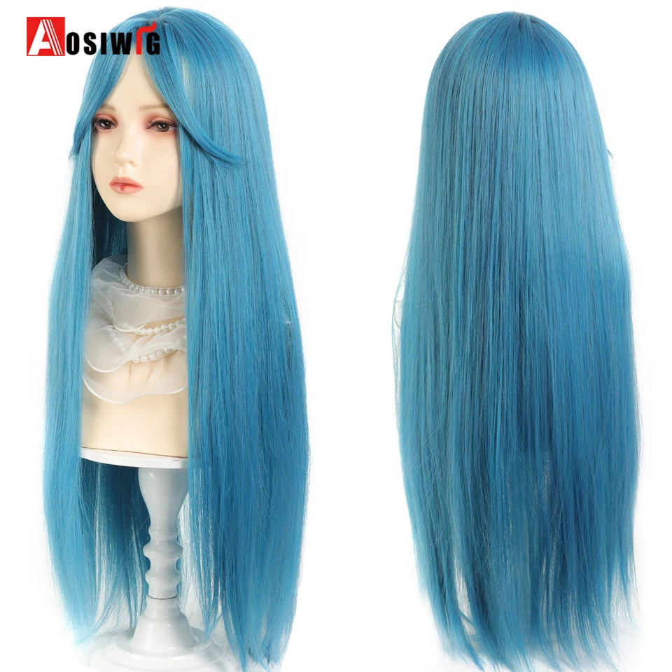 AOSIWIG Y2k Synthetic Long Straight Lolita Harajuku Wig With Bangs Black Blue Daily Cosplay Party Hair