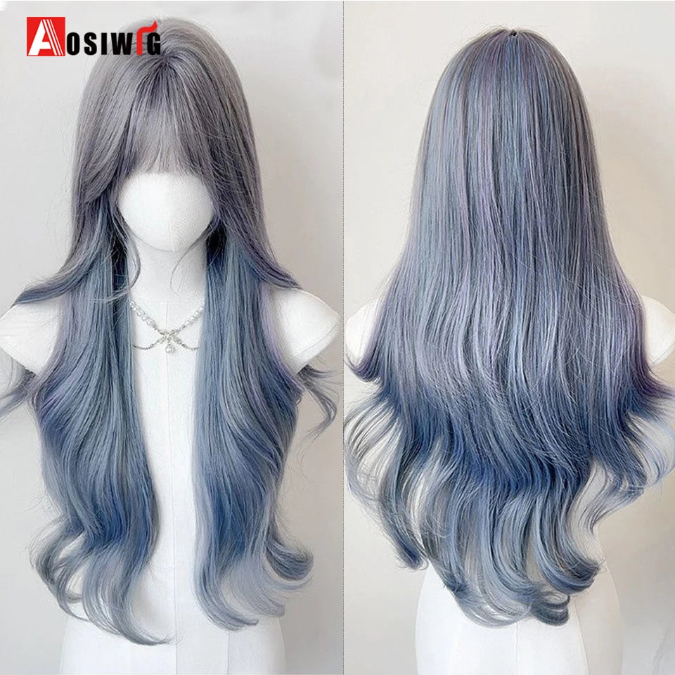 AOSIWIG Y2k Synthetic Long Straight Lolita Harajuku Wig With Bangs Black Blue Daily Cosplay Party Hair